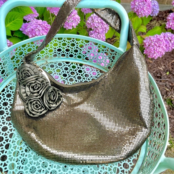 Whiting & Davis Handbags - Whiting & Davis Bronze Mesh Shoulder Bag With Flower Appliqué